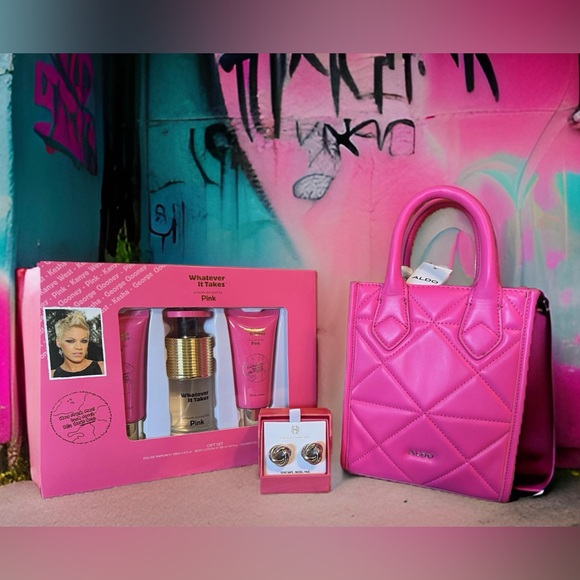 Pink Aldo House of Harlow Handbags - Pink Aldo House of Harlow Bundle NWT Parfum Lotion Gel Purse SilverTone Earrings